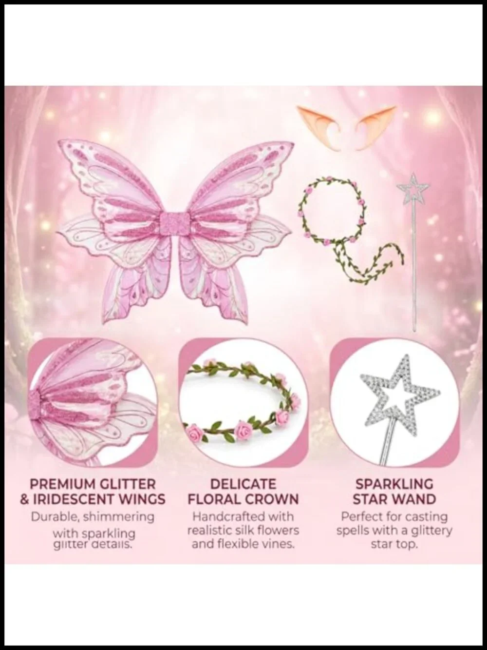 4 Pcs Fairy Wings Cosplay Set with Elf Ears Flower Crown for Halloween